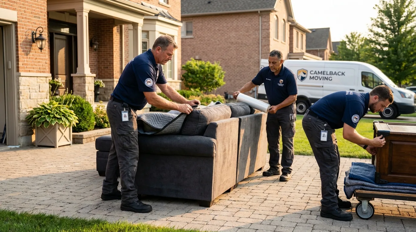 Large estate moving crew wrapping furniture in Quincy, MA