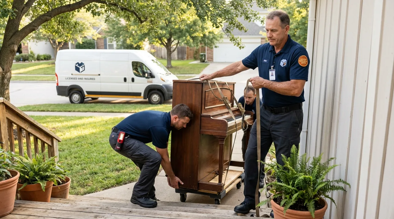 Licensed piano movers securing grand piano in Quincy, MA