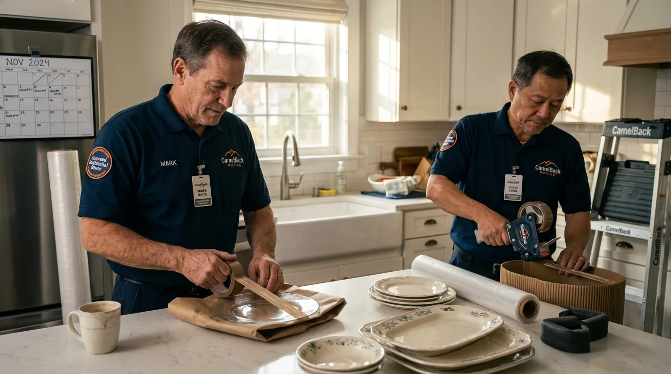 Professional crew packing kitchen dishware in Quincy, MA